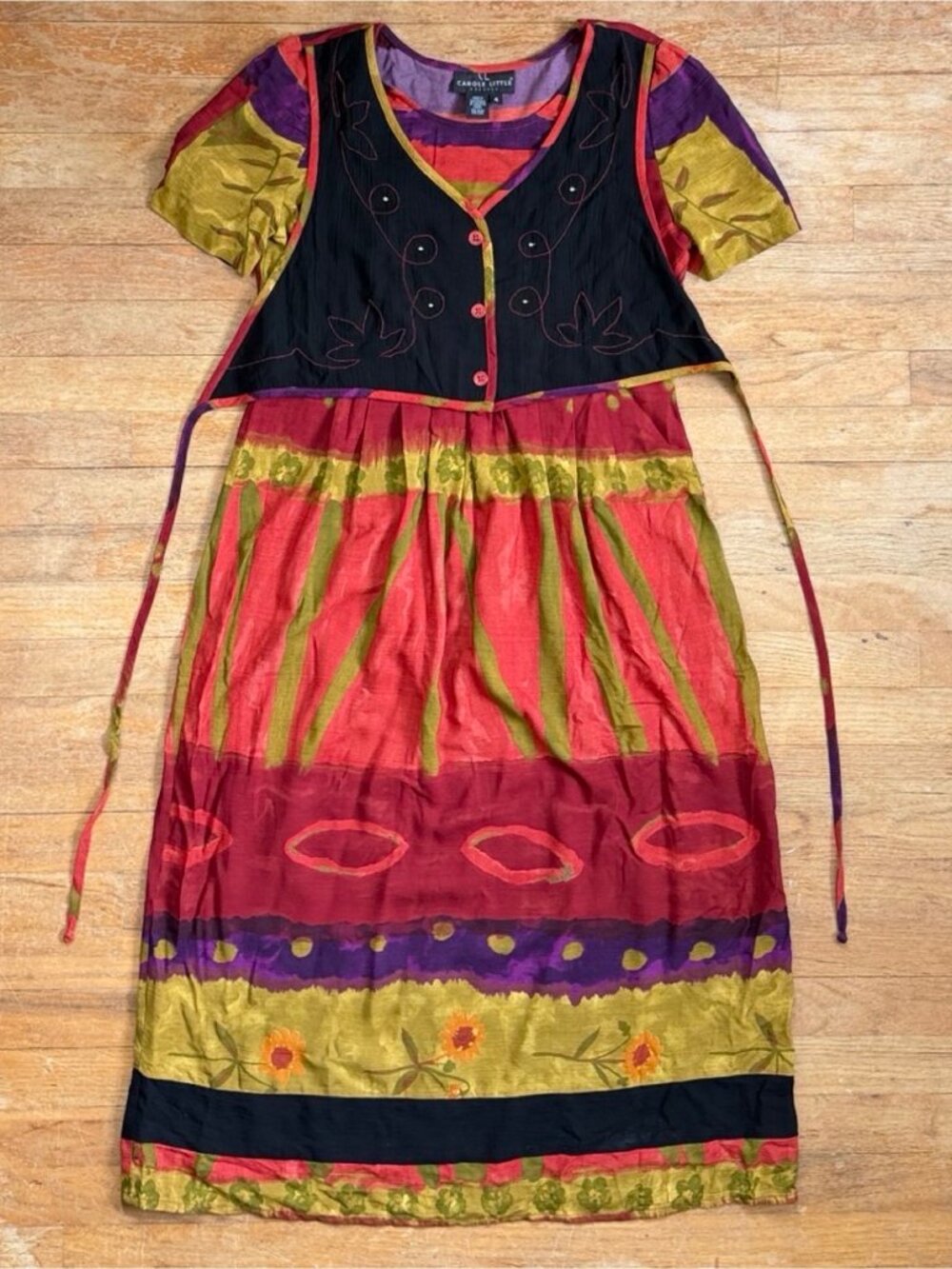 Vintage Mixed Print Midi Dress Size Small 90s Carole Little Rayon Boho Vest